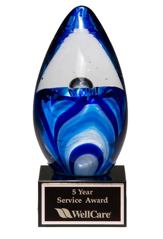 Blue Silver Egg Art Glass Award with Marble Base