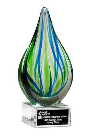 Blue Green Art Glass Droplet Award with Crystal Base