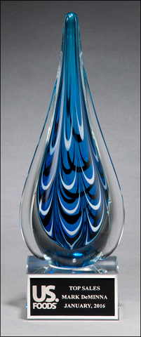 Blue and Black Teardrop Shaped Art Glass Award